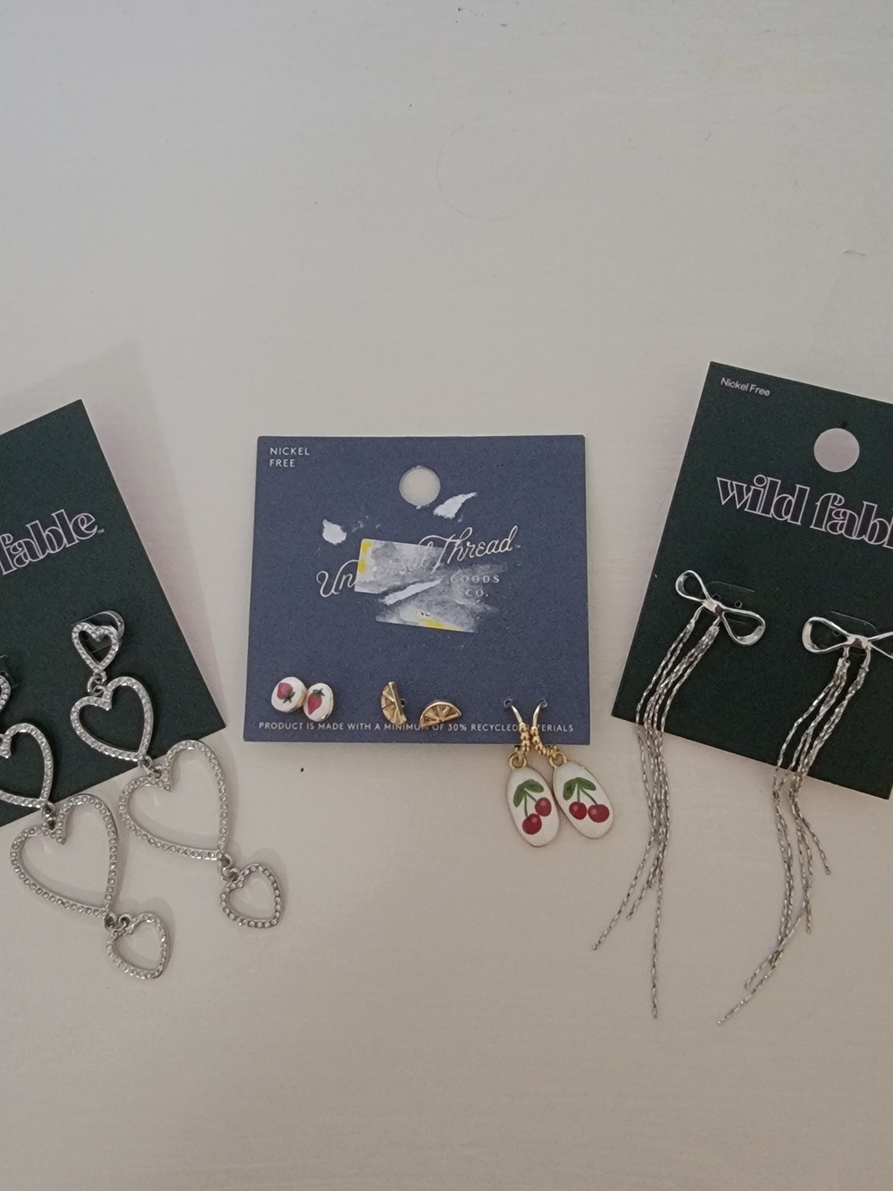 Silver Heart, Fruit & Bow Earring Trio Bundle OS Coquette Girl Y2K Balletcore